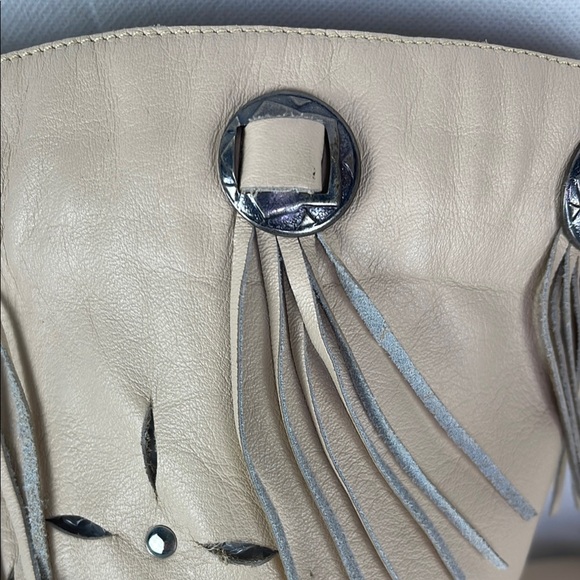 Wild Pair Cream Leather Boots with Geometric Laser Cut Out and Fringe - Picture 2 of 5